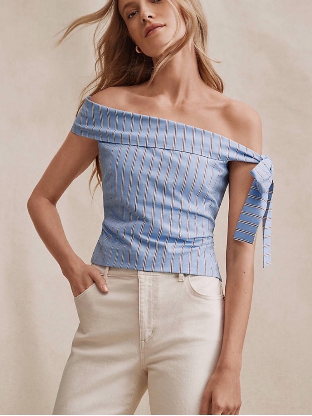 LOFT Blue Striped Off the Shoulder One-Shoulder Tie-Sleeve Top